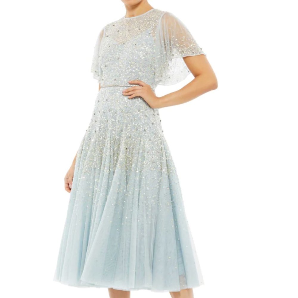 MAC DUGGAL 93655 SEQUIN & CRYSTAL RUFFLE SLEEVE POWDER BLUE MIDI GOWN sz 8